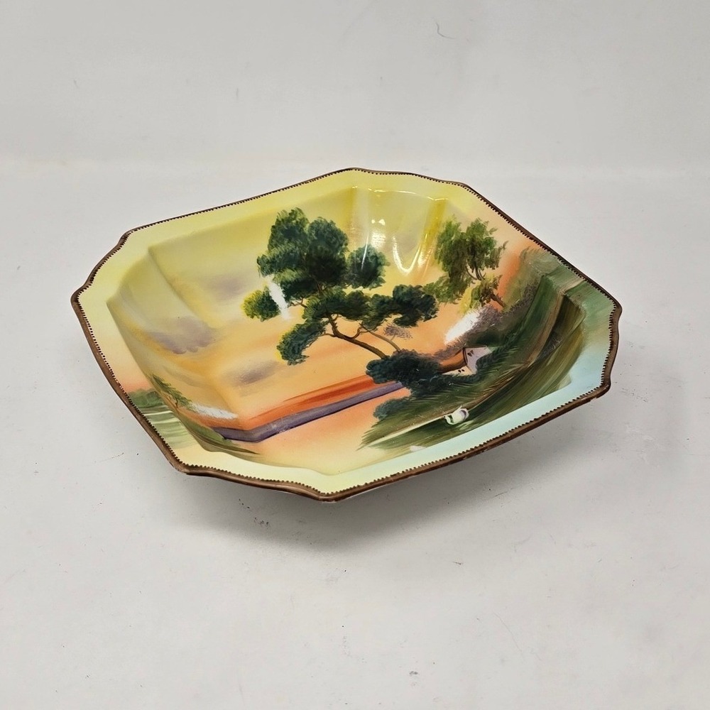 Vtg antique 1920's hand painted Nippon landscape bowl swan serene country